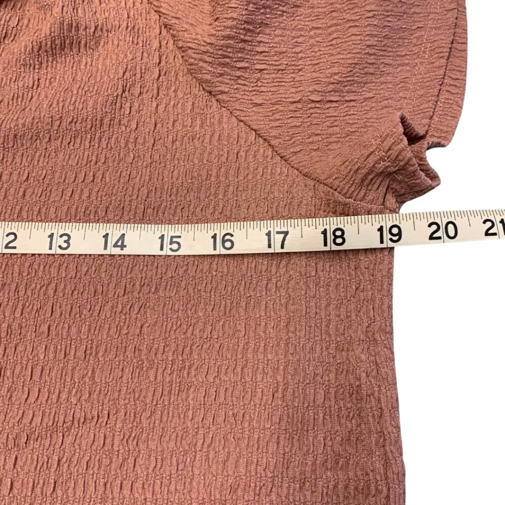 Women’s Rusty Brown Ruffle Neck Crinkle-Textured Blouse – Short Sleeve Top - Picture 5 of 6